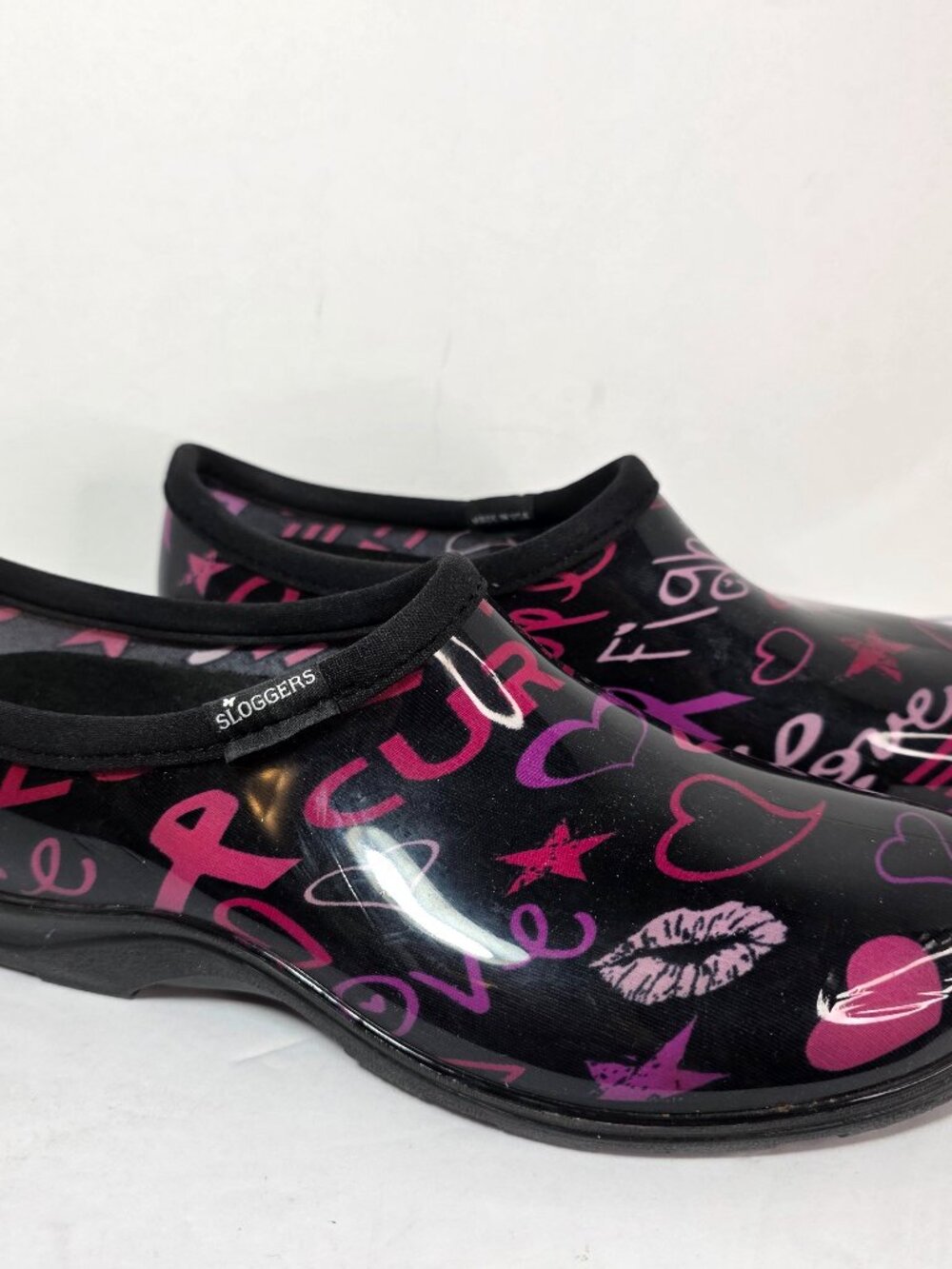 Sloggers Clog Shoes Womens Size 10 Black Breast Cancer Slip On Waterproof
